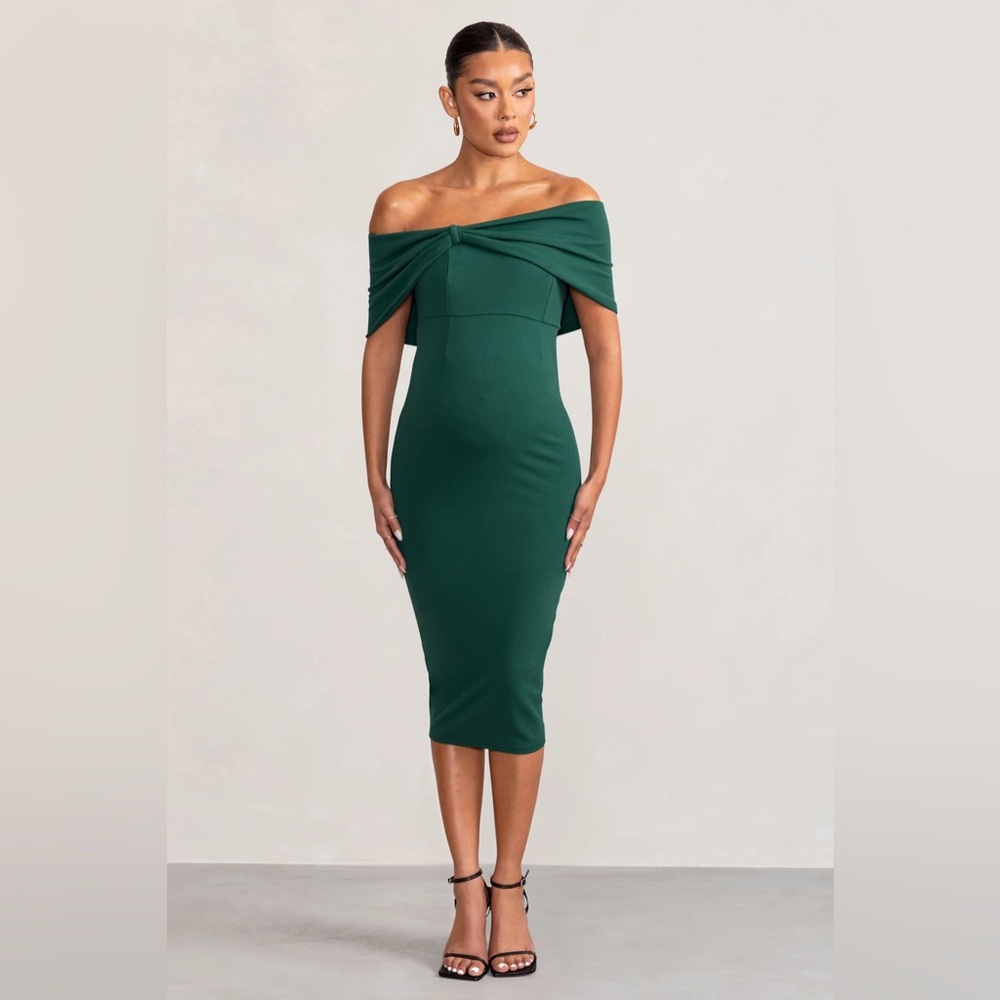 Club L London Green Maternity Dress - Alyssa Bardot Midi Dress with Ruching